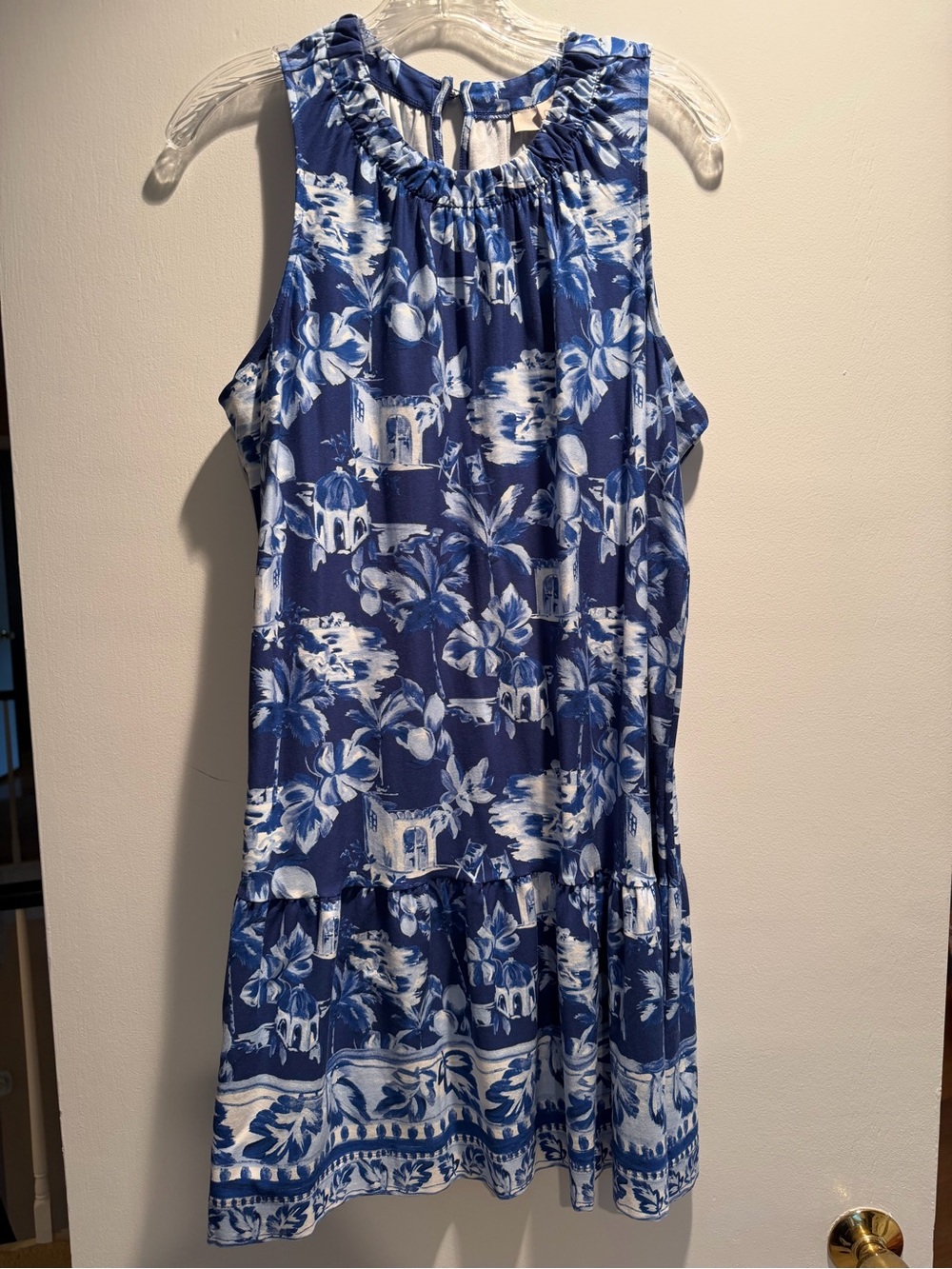 LOFT Sleeveless Blue & White Tropical Print Dress